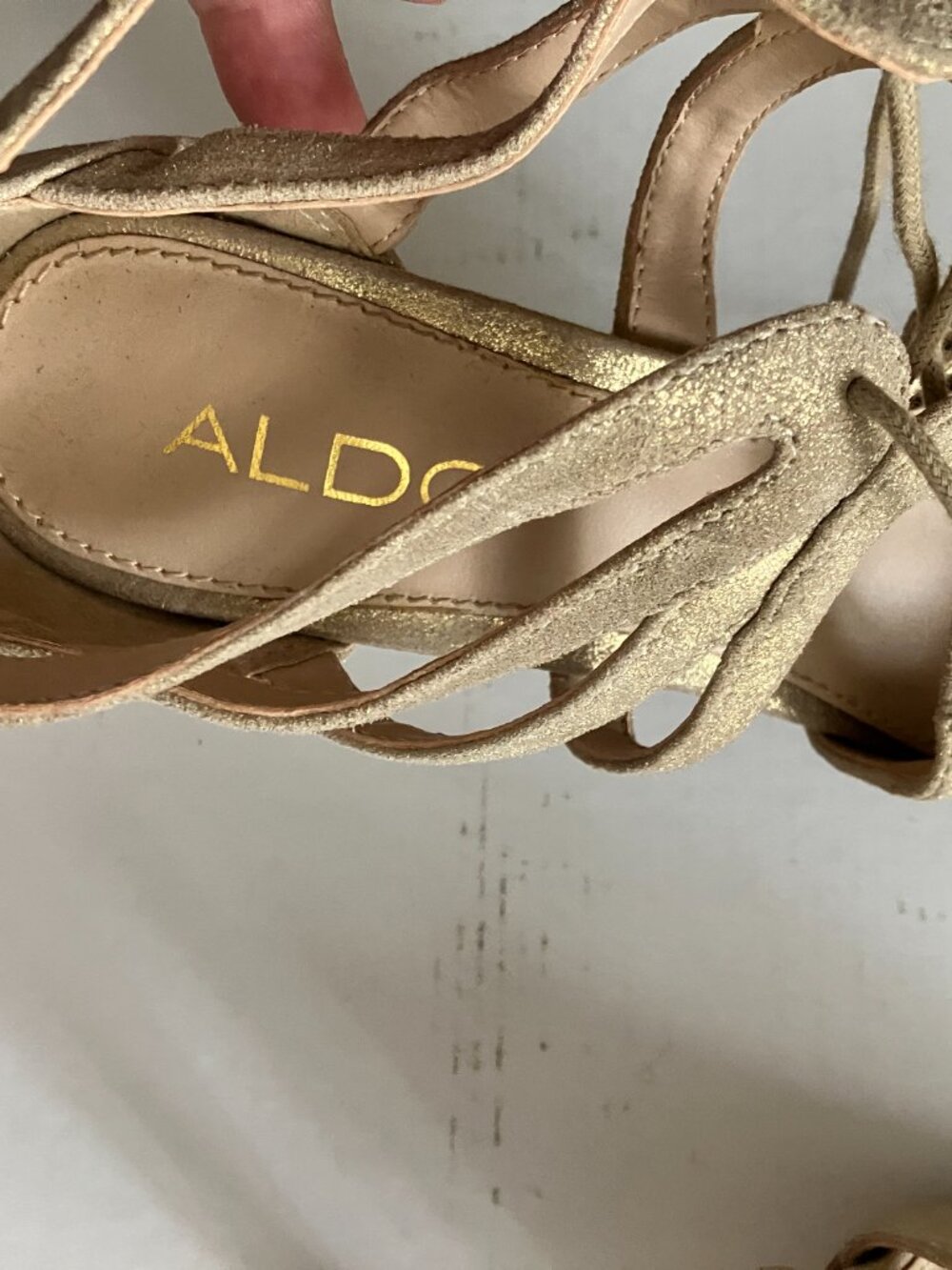Firm Aldo Lace Up Open Stilettos Size 7 Gold Leather Upper - Picture 8 of 9